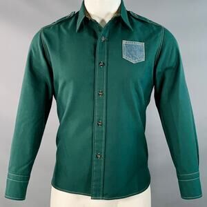 MAISON MARGIELA S Green Blue Contrast Trim Epaulets One Pocket Long Sleeve Shirt